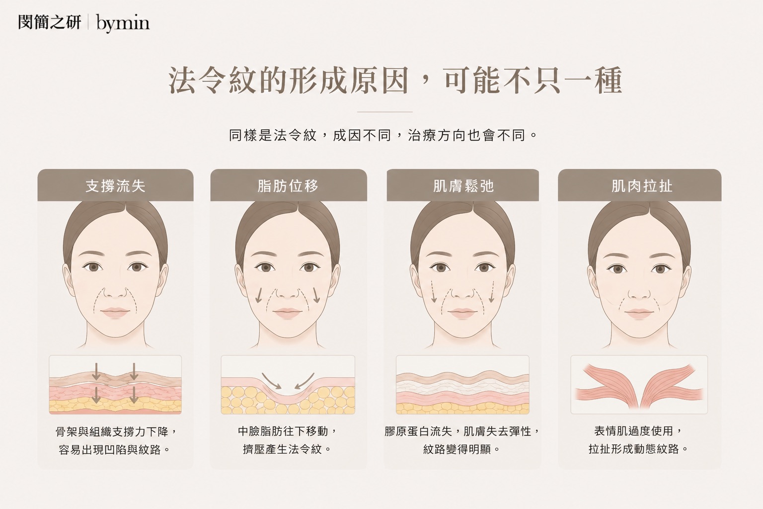 法令紋支撐流失脂肪位移與肌膚鬆弛原因示意